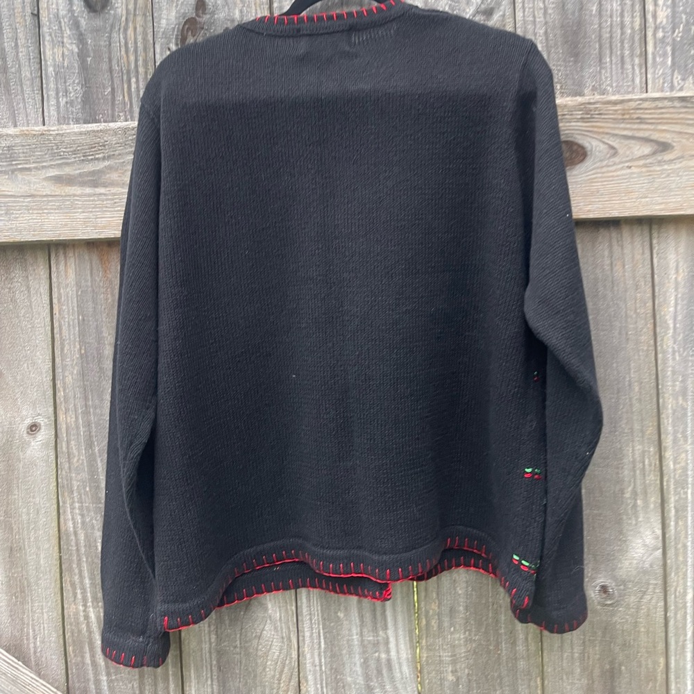 Vintage Christmas Sweater Black Cardigan with Holiday Accents - Size L - Picture 5 of 12